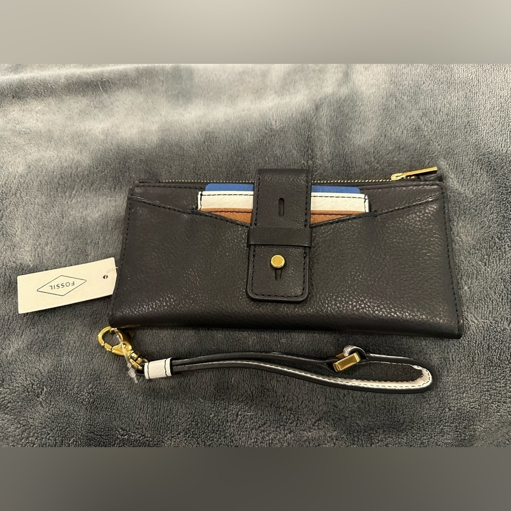 New Fossil Willa Slim Tab Black Wristlet Wallet Card Holder Blue White MSRP $98